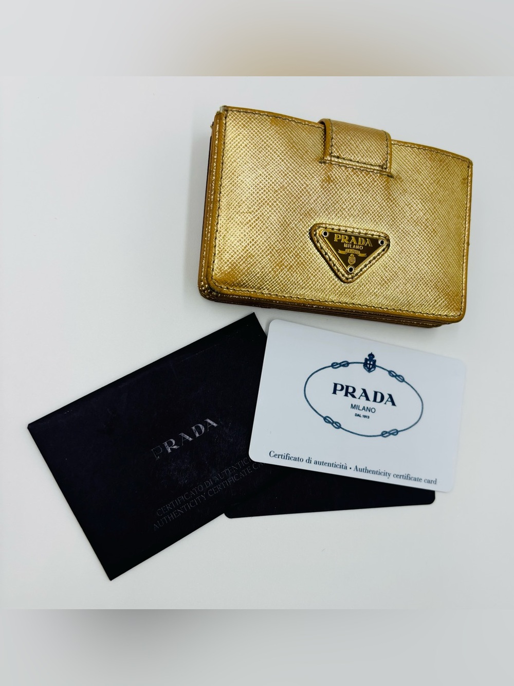 Prada Metallic Gold Saffiano Leather Card Case